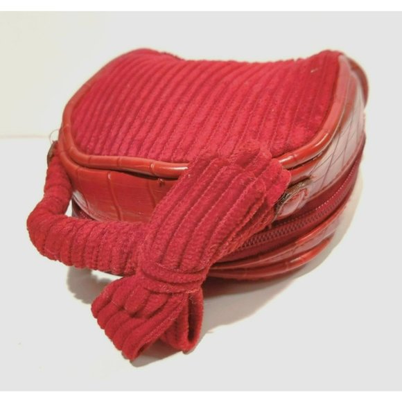 Mini Red Corduroy Cotton Full Zip Jewelry Travel Bag Bow on Handle Inside Pocket - Picture 4 of 15